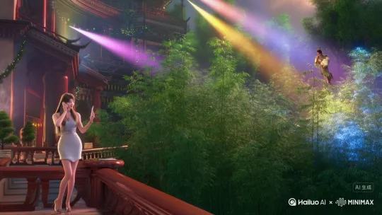 帮我生成一个视频：帮我生成一个视频：帮我生成一个视频：帮我生成一个视频：潘金莲穿越到现代，拿着智能机在别墅阳台打电话，披肩发高跟鞋，吊带短裙A4腰，她时不时望着下面竹林处的着古装的西门庆笑，西门庆在别墅对面竹林处左手拿着鲜花挥舞向金莲示意，右手拿着话筒唱歌偏偏喜欢你，别墅彩灯闪炼梦幻，远处射灯不时转动射来五彩光束，过了一位儿西门庆飞上阳台献花给金莲，金莲含羞接花致谢，用3D渲染和摄影写真与[左移,推进,右摇] by Hailuo AI Video Generator