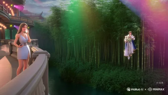 帮我生成一个视频：帮我生成一个视频：帮我生成一个视频：帮我生成一个视频：潘金莲穿越到现代，拿着智能机在别墅阳台打电话，披肩发高跟鞋，吊带短裙A4腰，她时不时望着下面竹林处的着古装的西门庆笑，西门庆在别墅对面竹林处左手拿着鲜花挥舞向金莲示意，右手拿着话筒唱歌偏偏喜欢你，别墅彩灯闪炼梦幻，远处射灯不时转动射来五彩光束，过了一位儿西门庆飞上阳台献花给金莲，金莲含羞接花致谢，用3D渲染和摄影写真与[左移,推进,右摇] by Hailuo AI Video Generator