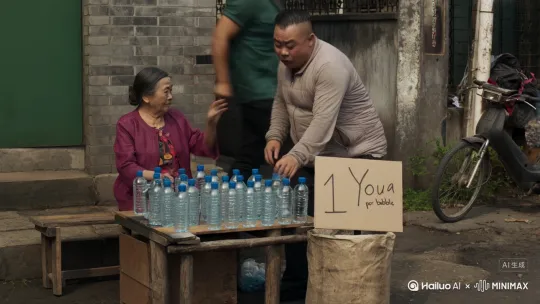 生成一个老奶奶摆摊摊上有很多矿泉水,上面有个牌子写的很一元一瓶,然后一个壮汉走过去那拿走一个矿泉水给钱,觉得不好喝,直接喷了出来然后把矿泉水扔人家地下 然后那个老奶奶一脚踢到那个人的头上,最后那个人把所有钱都给他了 by Hailuo AI Video Generator