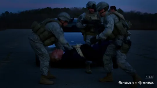 _美国大兵把特郎普绑起来丟在马思克面前，马思克直接开特思拉碾压过年 by Hailuo AI Video Generator