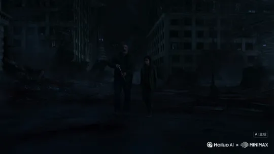 黑夜如墨，末日的废墟在风中低语。
城市早已沦陷，高楼残垣断壁，铁锈与鲜血交织成一幅冷酷的画卷。
空气中弥漫着腐烂与火药的气息，偶尔传来丧尸低沉的咆哮。
乔尔，一个历尽沧桑的中年男人，手持霰弹枪，沉默地在废墟中穿行；
身旁是艾莉，那个倔强而聪慧的女孩，眼神里写满了不属于这个年纪的坚强。
他们不是英雄，只是彼此唯一的依靠。
在这人性崩塌的世界里，每一次喘息，都是从死神手中偷来的恩赐。
但他们仍旧前行——
因为活着，就是最后的反抗。 by Hailuo AI Video Generator