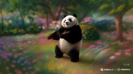 高清摄像机拍摄，可爱的大熊猫，在花园里跳舞，周围都是花草树木，
画面风格：莫奈风格，超现实主义 by Hailuo AI Video Generator