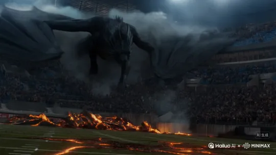 Ancient black dragon, Gigantic scaled body, Emerging from shattered football pitch, Spewing pillars of fire, Panic-stricken crowds fleeing bleachers, Collapsing stadium seats, Smoke-filled arena, Cracks spreading across field, Glowing molten cracks, Leathery wings unfurling, Searching gaze scanning stands, Fiery breath bombardment, Apocalyptic sports arena, Dust clouds and debris, Distant screaming spectators, Low-angle dramatic perspective, Close-up on reptilian eye, Roaring with echoing soundwave, Final dramatic bellow transition by Hailuo AI Video Generator