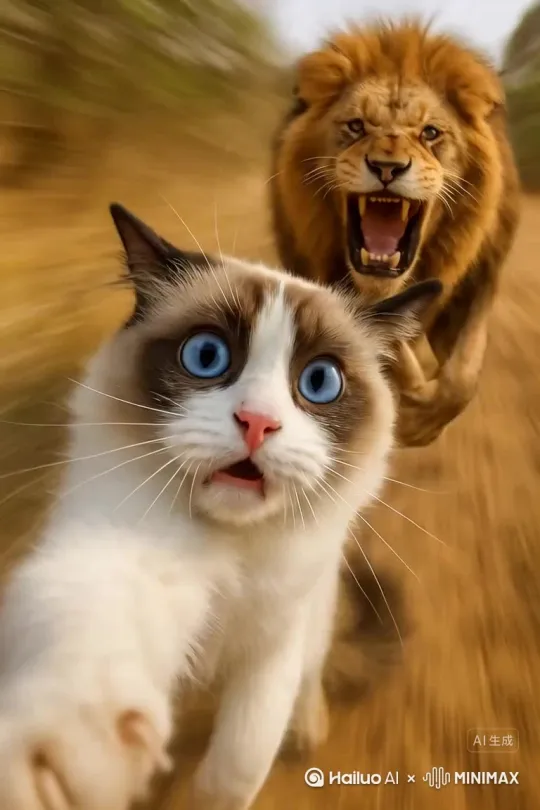 后面跟着公狮，猫咪绝地求生 by Hailuo AI Video Generator