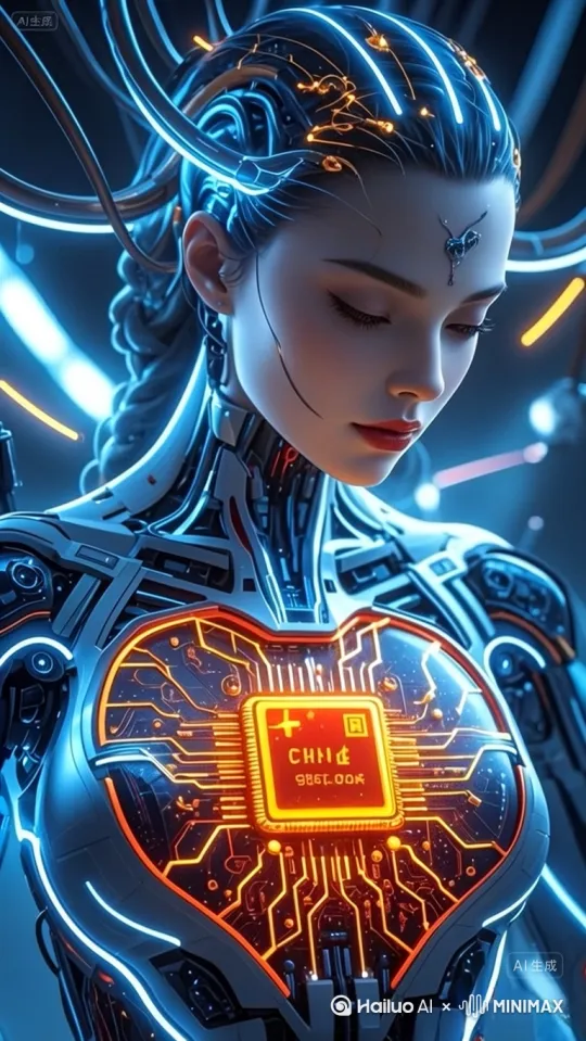 镜头左移，右摇，跟随，高清、32K、蓝光、眩光画质下，一个女机器人面带微笑，精灵地转动着眼睛，在用心思考问题，体内装着一颗容纳着中国心脏型芯片的心脏。此芯片为中国红，上面标有黄色的“中国”二字，采用1纳米工艺制程。芯片内部线路由金子材质构成，电流在其中流动，数亿颗晶体管错综复杂地排列着，每一颗都绽放着科技之光。在芯片的微观世界里，与人体的神经系统相连接，而在宏观世界中，则呈现出蓝光勾勒的人体轮廓，冰蓝色背景 by Hailuo AI Video Generator