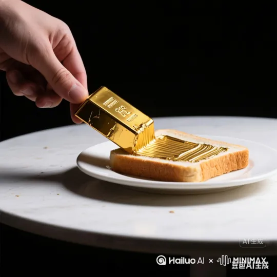 让照片动起来，让这只手拿着金砖，顺着纹路轻轻的涂抹下去，这个吐司片原来什么都没有，让金砖涂抹在吐司块上，呈现照片里的纹路，这个照片是视频最后的样子。 by Hailuo AI Video Generator