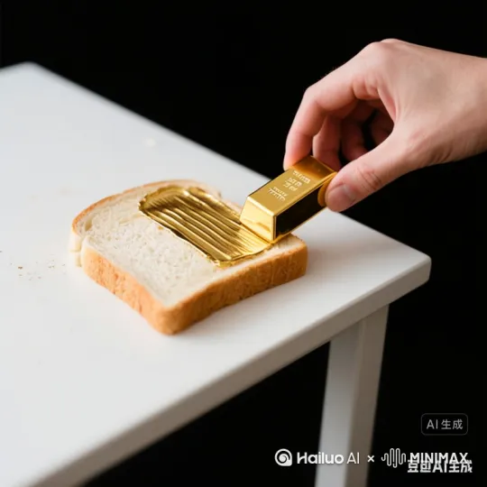 让照片动起来，让这只手拿着金砖，顺着纹路轻轻的涂抹下去，这个吐司片原来什么都没有，让金砖涂抹在吐司块上，呈现照片里的纹路，这个照片是视频最后的样子。 by Hailuo AI Video Generator