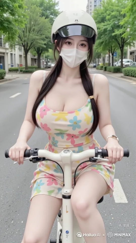 镜头从前人物正前面运镜，骑车慢慢向前，发丝飘动，然后环绕运镜到人物骑车的侧面，最后镜头环绕到人物的背后，人物骑车渐行渐远 by Hailuo AI Video Generator