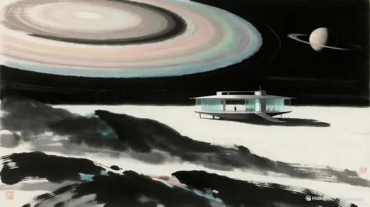 画面漂浮着一座现代中式极简风和未来主义结合的单层空间体，星轨移动，斗转星移，背景有一颗巨大的星球和星轨在缓缓公转和自转，斗转星移，[固定镜头] by Hailuo AI Video Generator