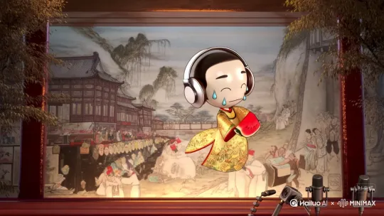 *"Su Dongpo eating watermelon while floating over talk show stage, Song Dynasty robes with DJ headphones, background morphed into 'Along the River During Qingming Festival' with microphones, anime exaggerated sweat drops --ar 9:16"* by Hailuo AI Video Generator