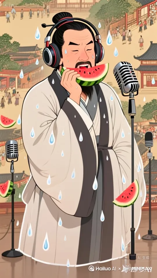*"Su Dongpo eating watermelon while floating over talk show stage, Song Dynasty robes with DJ headphones, background morphed into 'Along the River During Qingming Festival' with microphones, anime exaggerated sweat drops --ar 9:16"*字幕："苏轼：这瓜比朝堂有意思！"

音效：啃西瓜"咔嚓"声+抖音"oh no"魔性变调 by Hailuo AI Video Generator