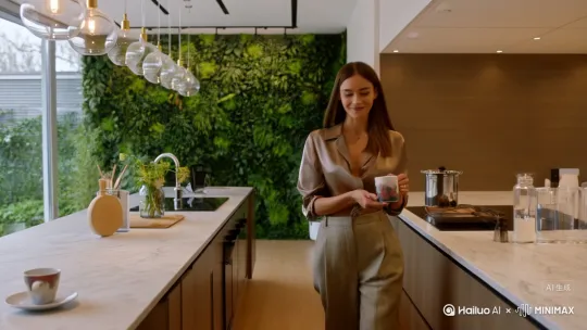 **场景1：晨间咖啡时光**  
**画面**：开放式厨房吧台，大理石台面摆艺术咖啡杯，身后绿植墙  
**动作**：单手端起咖啡杯浅笑（手腕露出精致手表），转身走向落地窗  
**运镜**：中景平拍→跟随手部特写横移→背影拉远展现整体穿搭（亚麻阔腿裤+真丝衬衫） by Hailuo AI Video Generator