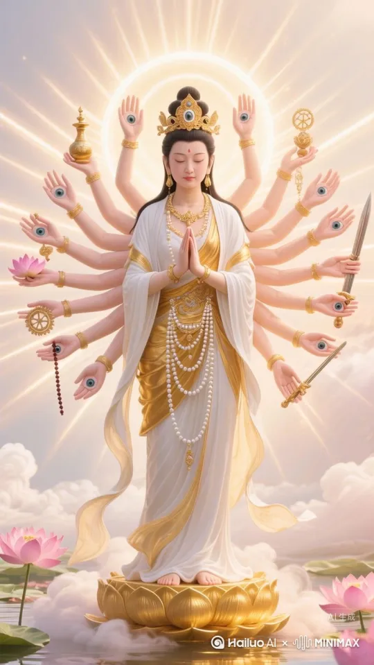 1.图中画面为尾帧图！开场只有莲台画面，随后画面中的千手观音从天而降缓缓站立在金色莲台上[左移,上升]，伴随金光佛光环绕；海面波涛汹涌，浪花翻腾，在莲花即将触海瞬间溅起巨大水花 by Hailuo AI Video Generator