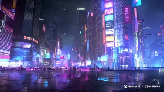 [大全景] 霓虹灯闪烁未来城市，高饱和紫色与青色对比，雨后湿漉漉地面反射城市灯光，空中悬浮全息广告，密集高楼间穿行飞行汽车，下着雨的街道上，[右移,跟随]一个有着兽耳兽尾的长发兽耳娘美少女侧脸进入画面，她在街道上随意走着，耳朵灵活抖动，仿佛猎人一般，美少女衣着符合赛博朋克科技感，美少女身上有义体改造痕迹，仅遮挡住关键部位，展示大长腿，现代三渲二画风，精致画风，赛博朋克风格，视觉效果清晰线条不杂乱， by Hailuo AI Video Generator