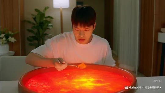 真生成一个韩国吃播。他在吃的是一种岩浆类型的食物。岩浆还在流动，吃到嘴里的时候感觉他会感觉嘴里非常的烫并喷出火焰跳了起来。[右移] by Hailuo AI Video Generator