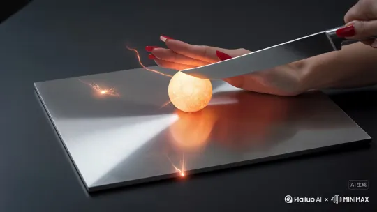 6 s, third-person static wide shot, 0.25× playback speed disabled, 60 fps, cinematic 8 K. Titanium-alloy cutting board on matte-black table; specular reflections obey Fresnel equations. A woman’s slender, bare left hand (high-gloss crimson almond gel manicure, cuticles perfect) stabilizes a miniature star—1.5 × 10¹² kg, radius 8 cm, surface gravity ~3 g, effective temperature 5 800 K—resting horizontally on the board. Continuous 1–2 cm arc-jet eruptions of magnetically confined 10 000 K plasma splash against the board, instantly quenched to black-body radiation 3 000 K. Right hand grips a mirror-polished titanium-alloy santoku (HRC 45, 15 cm blade, zero-bevel 8° edge, TiN PVD coating). Blade oscillates sinusoidally at 4 Hz along the ecliptic plane, generating 200 N normal force; shear stress ~1.5 GPa causes brittle shear fracture through the photosphere. Cut completes in 0.9 s; fracture surface exhibits sub-millimeter metallic hydrogen lattice, 5 000 km deep convection cells glowing 4 000 K, and a 2 cm radiative core at 15 million K emitting soft X-ray bremsstrahlung. Immediately after separation, right hemisphere tilts under 0.5 g residual gravity, impacts board with 20 J kinetic energy, plasma micro-splashes adhere as frozen glassy droplets. No slow-motion; real-time physics throughout. by Hailuo AI Video Generator