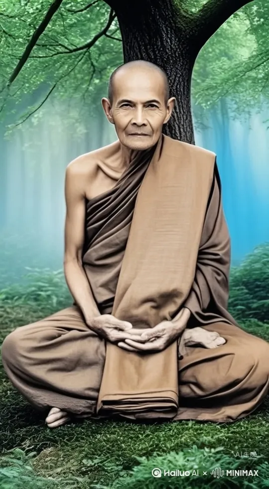 老照片修复换背景，古风，8K极致高清分辨率，8K极致细腻肌肤，8K极致高清电影，一位老比丘阿姜曼尊者在森林中一颗大树下打坐，树林刮着微风，面部8k高清晰修复，衣服纹理8k高清晰，绿色和冰蓝色背景。镜头左移，右摇，跟随人物 by Hailuo AI Video Generator