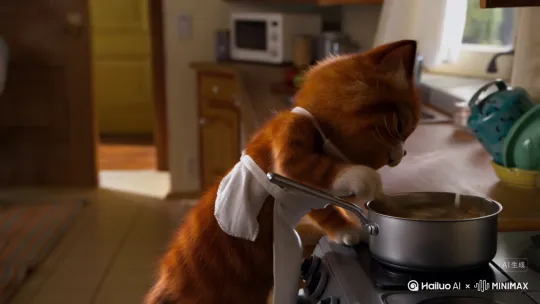 一只橘黄色小猫围着围裙做饭，[左移]厨房门口来了一只黑白色小猫[右摇,变焦推进]，吵着要一起吃饭，橘黄色小猫笑眯眯的说好呀[固定镜头] by Hailuo AI Video Generator