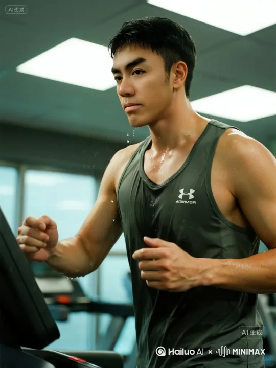 [左移,推进,右摇]以男子为中心，环绕镜头，男子快速跑步，挥汗如雨。跑步过程中，有着身体的正常跑步姿态，手臂前后摆动。[晃动][变焦推进]脸色潮红。有着呼吸的起伏感。
电影级别光影，电影级别画质，电影级别流畅度。真实，写真，写实。8k画质。 by Hailuo AI Video Generator