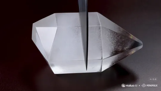 帮我生成一个用刀切了一块水晶，把水晶切成两半的视频 by Hailuo AI Video Generator