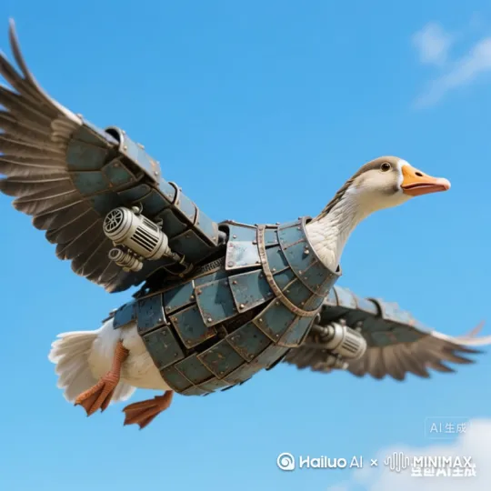 写实风格［跟随，上摇］，暖色调，一只大鹅轰炸机从天上飞过。 by Hailuo AI Video Generator
