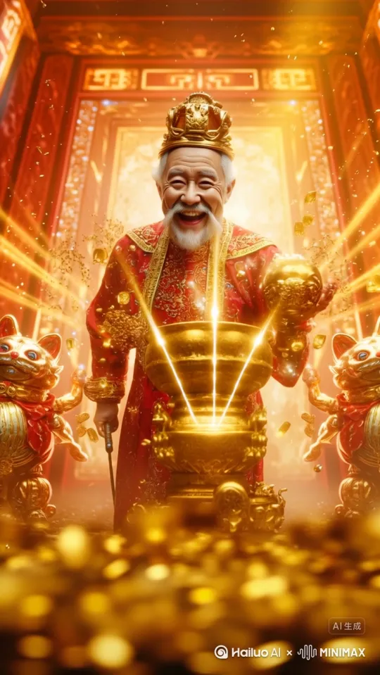金币从盆子一直往外面吐，吐出来的金币元宝越推越高，然后哗啦啦的向两边散去，画面的金光一直在闪耀，财神爷对着屏幕一直哈哈大笑！[推进] by Hailuo AI Video Generator