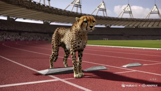 A cheetah is at the starting blocks of an Olympic running track. It settles into the blocks, showing intense determination. Then, with a powerful burst, it explodes off the blocks. In mid-stride, it performs a running form of perfect, fluid motion, resembling a world-class sprinter. Capture the stunning combination of its raw power and speed by Hailuo AI Video Generator