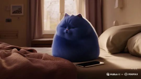 一只蓝色的胖猫早上从床上起来，打开旁边的手机一看，即发现是好友发来的信息 by Hailuo AI Video Generator