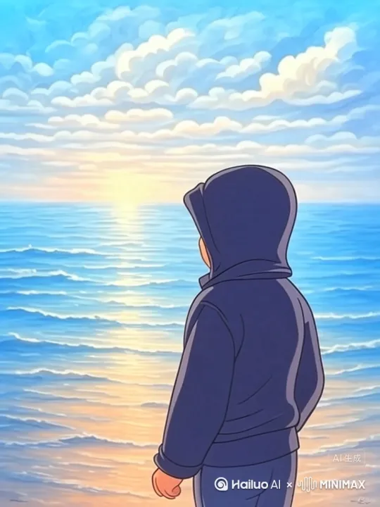 远处的阳光隐隐闪耀，海面的波浪缓缓流动，人物慢慢变成正对着海面[左移,上升] by Hailuo AI Video Generator