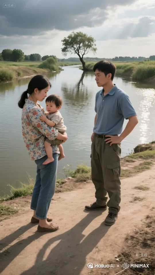画面主体：身着现代简约服饰的年轻女性，表情决绝且冷厉，将怀中啼哭的幼儿快速推向右侧满脸怒容、眉头紧锁的男性。男性双手僵硬接过孩子，脖颈青筋暴起，嘴角下拉呈明显愤怒神态。
场景环境：河边场景，有道路，整体为现代风格。
动作细节：女性将孩子快速交给右边男性后，扭头跳入河中，在水面上跑步（呈现“轻功水上漂”效果），水面荡起波纹，动作连贯自然。然后画面转到跳上屋顶，在房子上面飞檐走壁！动作迅速自然
特效氛围：突出轻功效果，水面波纹真实，整体画面符合现代背景下的轻功演绎。
镜头运镜：（加强优先展现女性递孩子）、跳河、水上跑步和飞檐走壁等动作，镜头切换流畅，突出“轻功水上漂”“飞檐走壁”的核心画面。 by Hailuo AI Video Generator