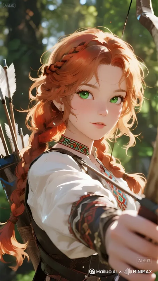 - Camera Movement: Start with a low - angle shot, then quickly pan up as the archer draws her bow. The camera slightly tracks her arm movement in a smooth, arc - like motion as she aims.
- Dynamic Movement of the Objects: The archer’s long, braided hair flows gently with the motion of drawing the bow. The arrows in her quiver subtly jiggle. As she releases the arrow, the arrow zips forward with a slight motion blur (suggesting speed).
- Lighting: Sunlight filters through the trees, creating dappled light on her. As she draws the bow, a soft, warm light glints off the bowstring and her green eyes, and there's a brief, subtle lens flare when she releases the arrow, enhancing the sense of action. by Hailuo AI Video Generator