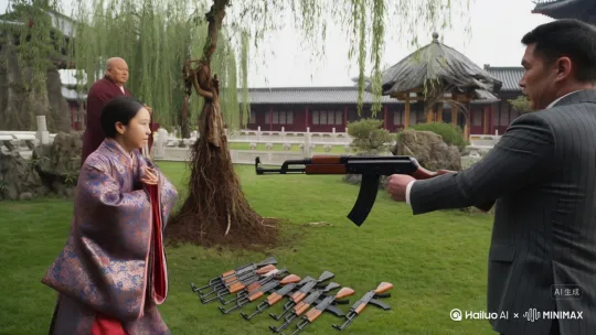 有一个有一个人他重生了，现在他在红楼梦里面，他首先购置了100把ak，然后呢再购置了1000颗子弹，最后呢再安上子弹射击了贾宝玉再把鲁智深请了过来倒拔了林黛玉。 by Hailuo AI Video Generator