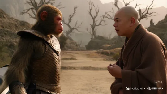 西理紧理西游记里面，孙悟空和他的师傅在吵架，师傅拿出手枪，孙悟空骑着摩托车逃走了 by Hailuo AI Video Generator