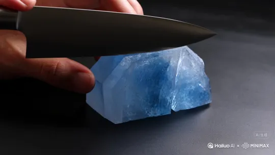 帮我生成拿刀切蓝水晶的视频，把蓝水晶切成两半 by Hailuo AI Video Generator