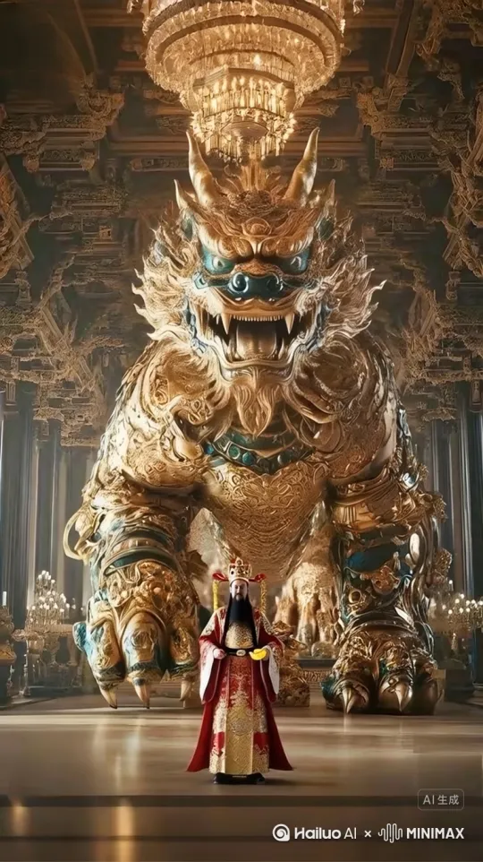 财神爷走秀，缓缓的带着后面的灵兽向镜头走来，霸气十足.[推进] by Hailuo AI Video Generator