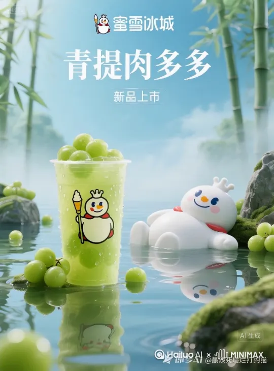 这是一张奶茶产品海报，画面中的奶茶不动，湖水波纹微微荡漾，后面的雪王形象在开心的玩水，竹子边的烟雾缭绕 by Hailuo AI Video Generator