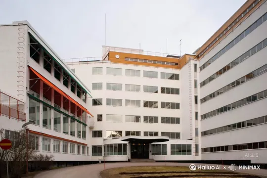 一辆救护车从右边开到建筑门口，镜头快速推进拍摄救护车 by Hailuo AI Video Generator