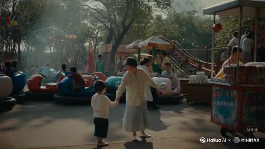 回忆中国千禧年时的童年，元素有游乐场的碰碰车、小型过山车，妈妈带着小孩买气球，给人梦核的朦胧感，背景音乐让人有种回忆的感觉 by Hailuo AI Video Generator