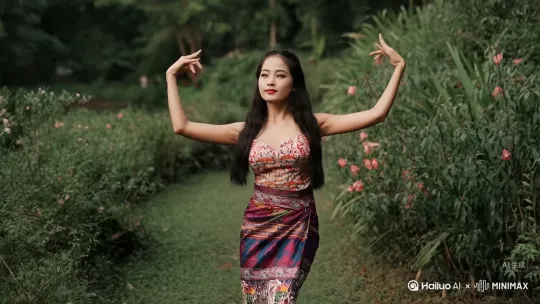 运镜   要有音乐  一位女子跳着傣族舞，[拉远,跟随] by Hailuo AI Video Generator