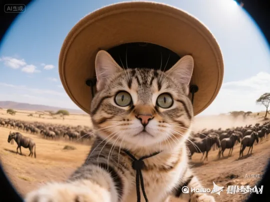 猫在介绍非洲动物大迁徙 by Hailuo AI Video Generator