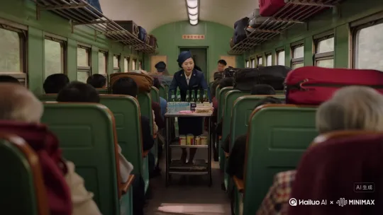 8090年代的绿皮小火车,乘务员推着售货小车叫卖,啤酒饮料矿泉水，花生瓜子八宝粥，来，腿收一下啊 by Hailuo AI Video Generator