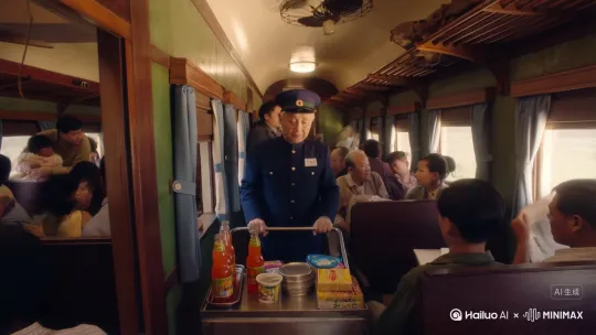 ---

### 🎬 视频主题：  
**《绿皮车岁月》——穿越时光的叫卖声**

---

### 🕰️ 视频风格：
- **怀旧复古风**：整体色调偏黄绿色、暖棕调，模拟老电视或胶片质感
- **纪录片风格 + 情景再现**：穿插真实老照片与情景重现，营造真实感
- **温情旁白 + 真实音效**：加入列车轮轨声、乘务员叫卖声、乘客交谈声等

---

### 📽️ 视频结构建议（约1~2分钟）：

#### 1. 开场（0:00 - 0:15）
- 镜头缓缓推进一列老旧的绿皮火车，蒸汽缭绕，站台广播响起
- 老式字幕浮现：“那些年，我们坐过的绿皮火车”

#### 2. 场景还原（0:15 - 0:45）
- 内部车厢镜头：木质座椅、蓝色窗帘、铁皮风扇吱呀作响
- 一位身穿深蓝制服的老乘务员推着小车慢慢走过过道，边走边喊：
  > “啤酒饮料矿泉水，花生瓜子八宝粥……来，腿收一下啊！”
- 乘客们穿着80、90年代服饰，有学生、工人、老人、抱着孩子的母亲

#### 3. 细节特写（0:45 - 1:15）
- 小车上堆满玻璃瓶汽水、铝饭盒、方便面
- 孩子接过一瓶橘子汽水，开心地喝着
- 老人用报纸扇风，旁边人在打盹
- 窗外飞速掠过的田野、电线杆、村庄

#### 4. 怀旧回忆（1:15 - 1:45）
- 插入真实老照片/影像片段（如90年代火车站、列车员合影）
- 旁白低沉温柔：
  > “那时候，一趟火车要坐上十几个小时，但一路都有故事相伴。”

#### 5. 结尾（1:45 - 2:00）
- 镜头拉远，绿皮火车驶向远方，阳光洒在轨道上
- 字幕浮现：
  > “曾经的慢时光，如今成了最深的乡愁。”
  > “你还记得那句：‘腿收一下啊’吗？”

---

### 🧑‍🎨 可选视觉元素补充：
- 老式列车时刻表、车票
- 乘务员胸前的列车徽章
- 列车广播播报“前方到站：北京西”
- 乘客在车厢连接处抽烟、聊天的画面

---

### 🎵 推荐配乐：
- 老歌推荐（背景播放）：
  - 《东方之珠》- 罗大佑
  - 《光阴的故事》- 罗大佑
  - 《车站》- 刘文正
  - 或者轻柔的钢琴+口琴旋律

---

如果你希望把这个视频用于某种具体用途（比如短视频平台发布、公众号图文配套、纪录片素材等），我也可以帮你进一步优化脚本或配音文案。

需要我帮你生成对应的AI视频提示词（prompt）或者脚本台词吗？ by Hailuo AI Video Generator