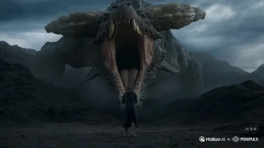 一名巨兽张开巨口，一名魔法师相对而立缓慢构建魔法，巨大的体型差突出魔法师的渺小，镜头拉远，魔法师释放魔法 by Hailuo AI Video Generator