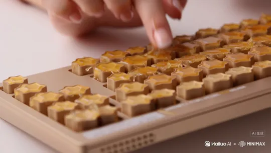 手敲打在键盘这是一个完美的AI生成ASMR视频。蜂巢蜜键盘金黄蜂巢键帽渗出蜂蜜，伴随粘稠"拉丝"声与酥脆"窸窣"音。打字发出粘粘、耐嚼的声音。音频：粘粘、耐嚼的打字声，平静的呼吸声voe3效果 一双手慢慢的打字 ，手指轻轻的陷入糯米糍中
asmr：轻柔按压 by Hailuo AI Video Generator