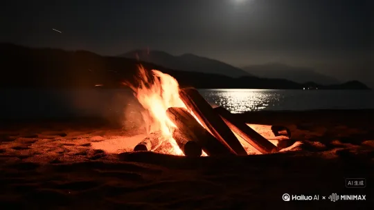 一堆篝火，固定长镜头，在海边燃烧，海面平静，远处有群山和月亮 by Hailuo AI Video Generator