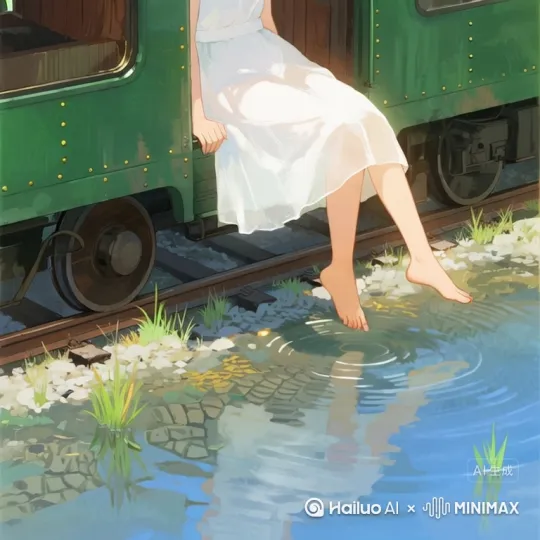 女孩上下晃动左右腿，脚趾碰到水，泛起涟漪[变焦推进,推进] by Hailuo AI Video Generator
