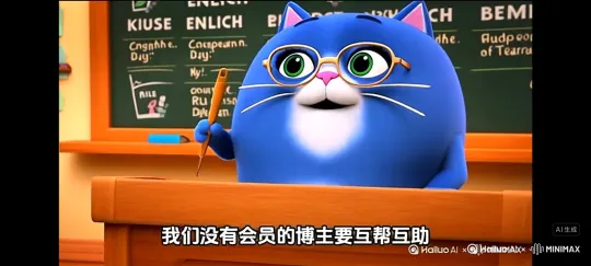 3D动画风格，画面主体是一只蓝色的胖猫，耳朵内侧为粉色，有着白色的胡须和粉色的鼻子，它在床上蹦来蹦去，一下飞到了上海东方明珠，并在顶上喝蜜雪冰城奶茶，然后掉进了黄浦江里，大声呼救，整个上海人都朝他扔粑粑，后来它大声喊了一句help me,特朗普和科比都来救自己了 by Hailuo AI Video Generator