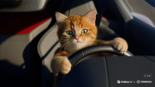 一直小猫在开车，镜头从小猫的特效转到全车车身，随后车身一个漂移 by Hailuo AI Video Generator