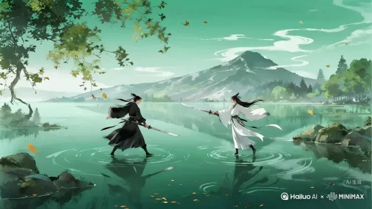 起势：白衣人突然跃起，白衣翻飞如鹤展翅，剑锋划出一道银色弧光，直刺黑衣人咽喉。
交锋：黑衣人侧身避让，剑刃贴着脖颈划过，同时反手一剑上挑，两剑相撞，溅起一串水珠，在阳光下如钻石散落。
[左移,推进,右摇]跟随、特写 by Hailuo AI Video Generator