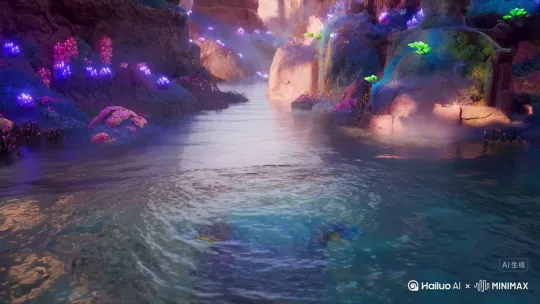 梦奇在王者峡谷里面，走着走着，过河道的时候溺水了，过了一会儿，一只蓝色的大肥猫浮出水面，手上拿着麦当劳的汉堡和可乐 by Hailuo AI Video Generator